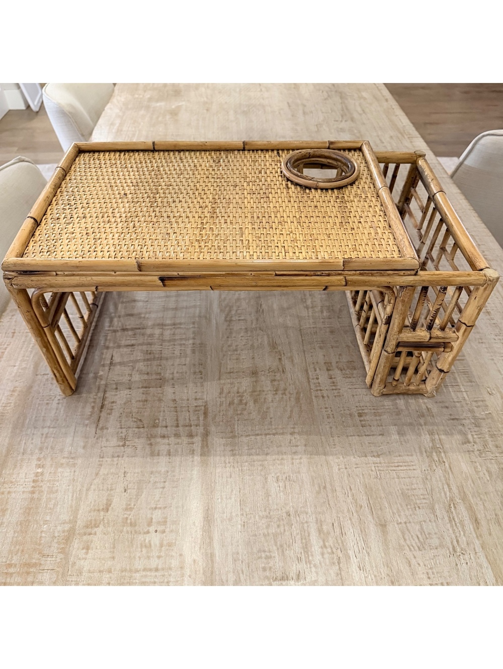 Vintage Bamboo Rattan Bed Tray Breakfast Lap Tray Woven Cup Holder Magazine Rack